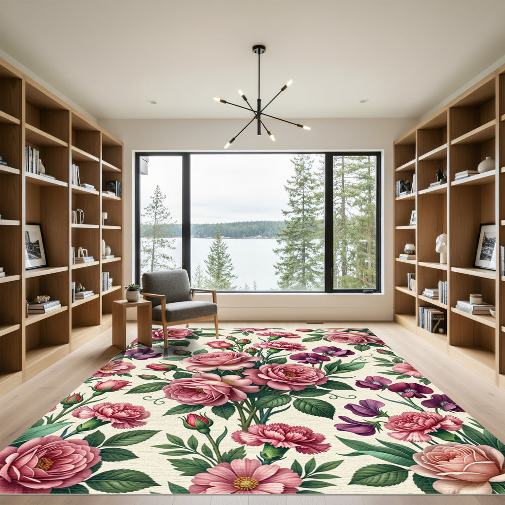 Romantic Pink Rose and Carnation Floral Rug