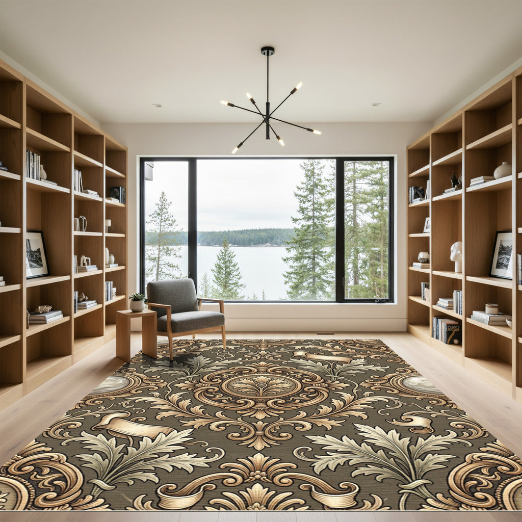 Ornate Golden Leaf Scroll Arrangement Rug