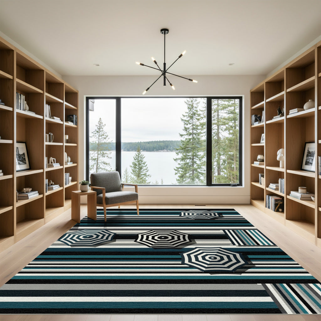 Modern Teal and Charcoal Striped Parasol Rug