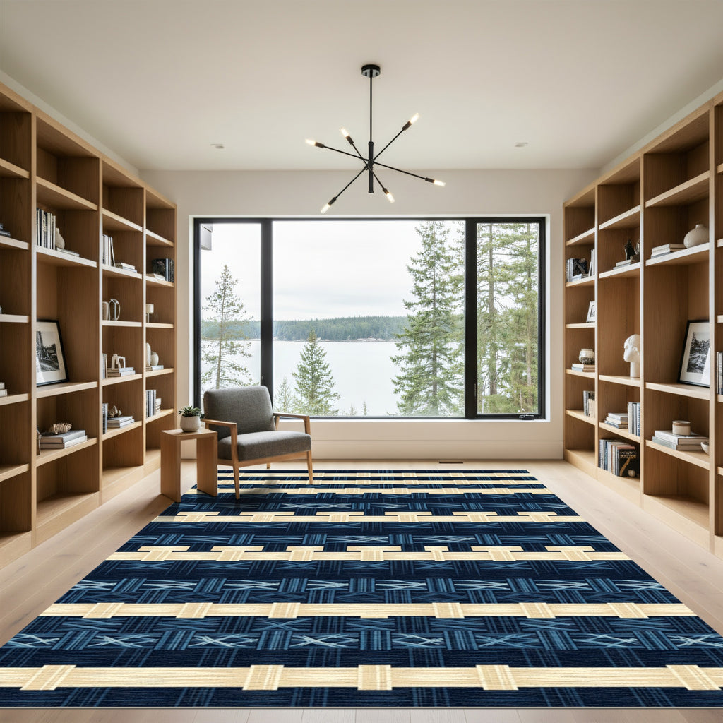 Midnight Navy Indigo Woven Linear Grid Rug