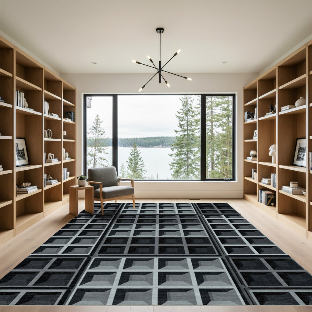 Modern Charcoal Grid Geometric Rug