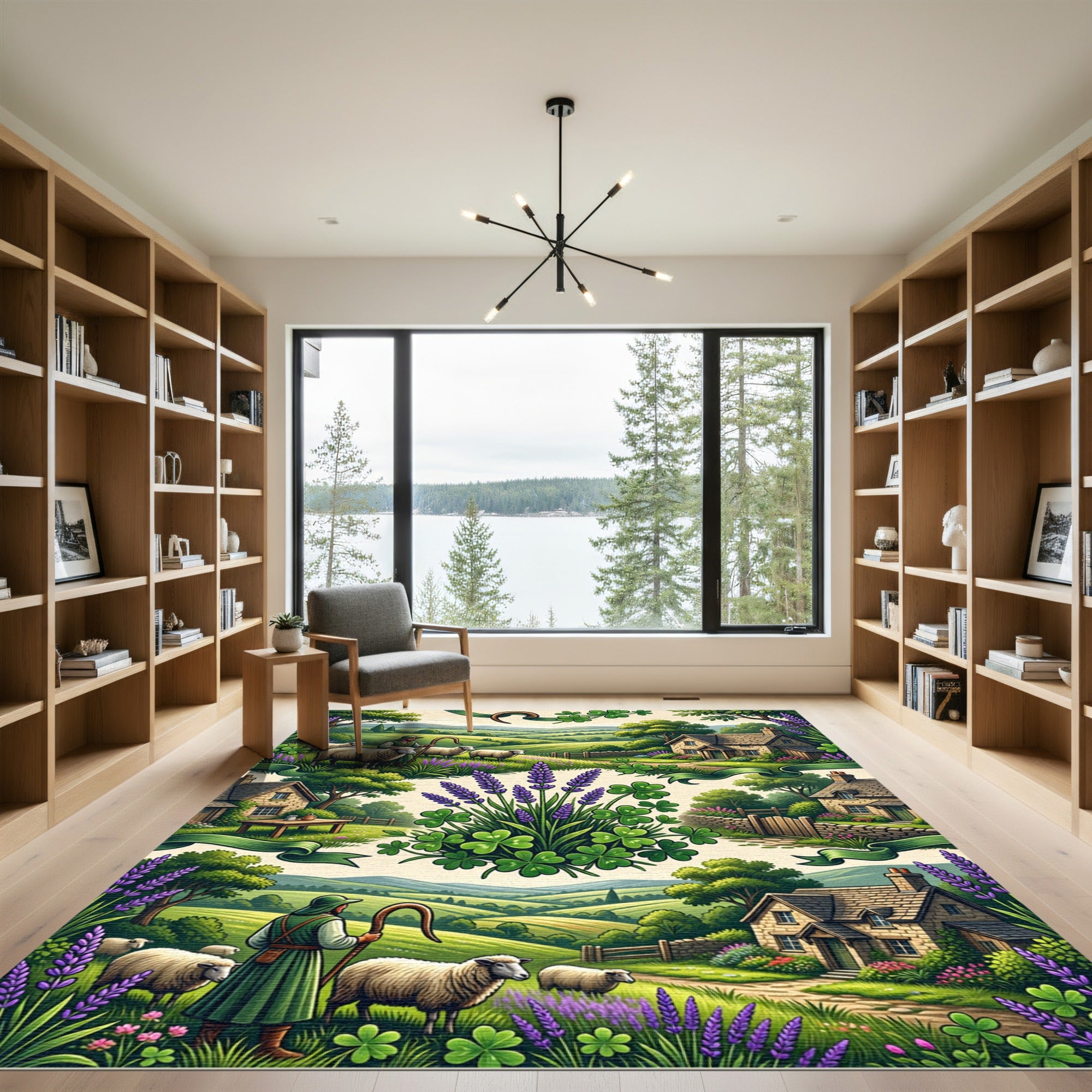Pastoral Shepherd Sheep Lavender Cottage Scene Rug