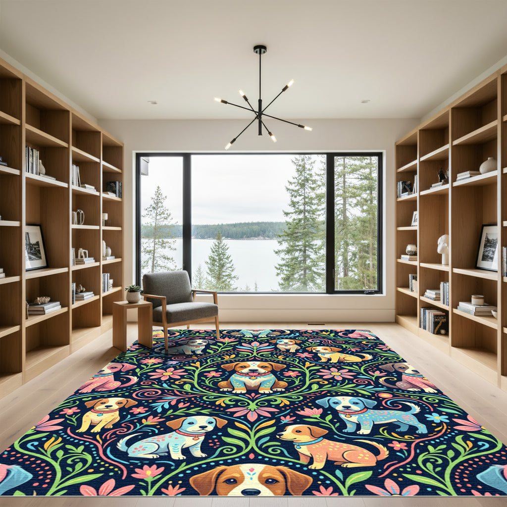 Whimsical Floral Puppy Folk Art Rug
