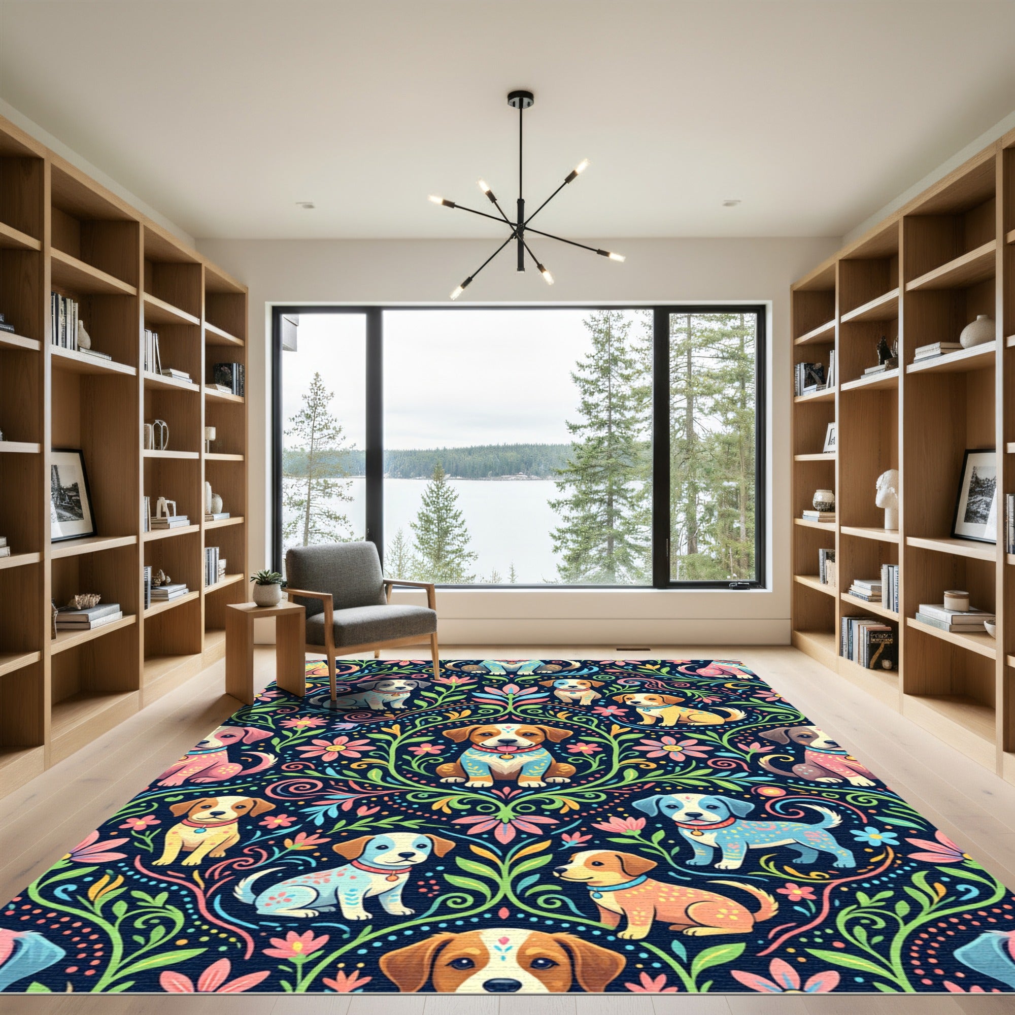 Whimsical Floral Puppy Folk Art Rug