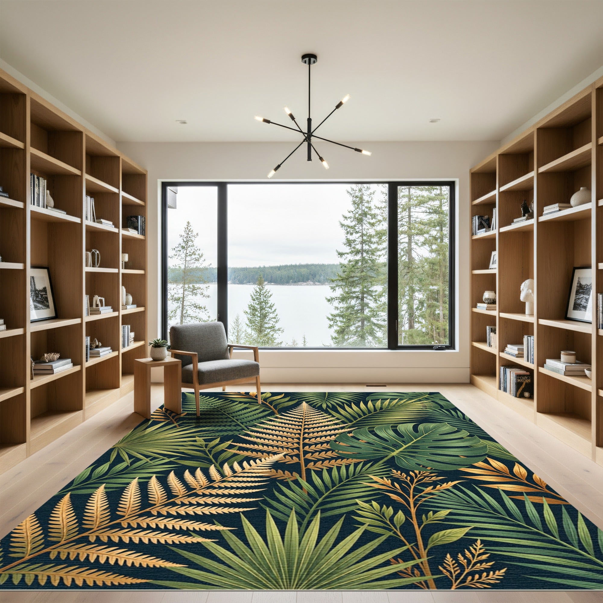 Lush Green and Gold Tropical Foliage Rug