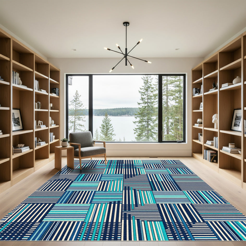 Navy Teal Striped Patchwork Blocks Rug