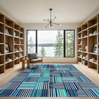 Navy Teal Striped Patchwork Blocks Rug