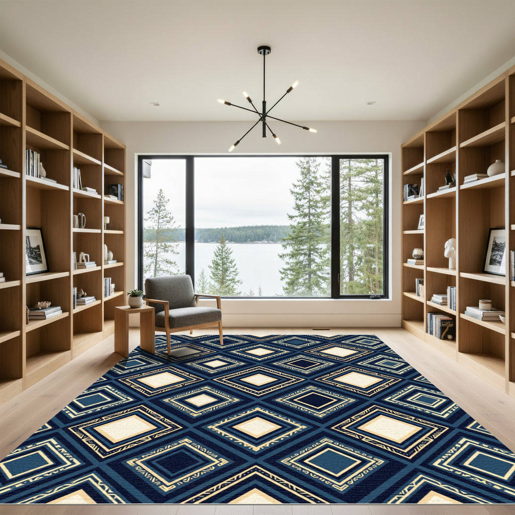 Navy and Cream Geometric Diamond Lattice Rug
