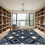 Navy and Cream Geometric Diamond Lattice Rug