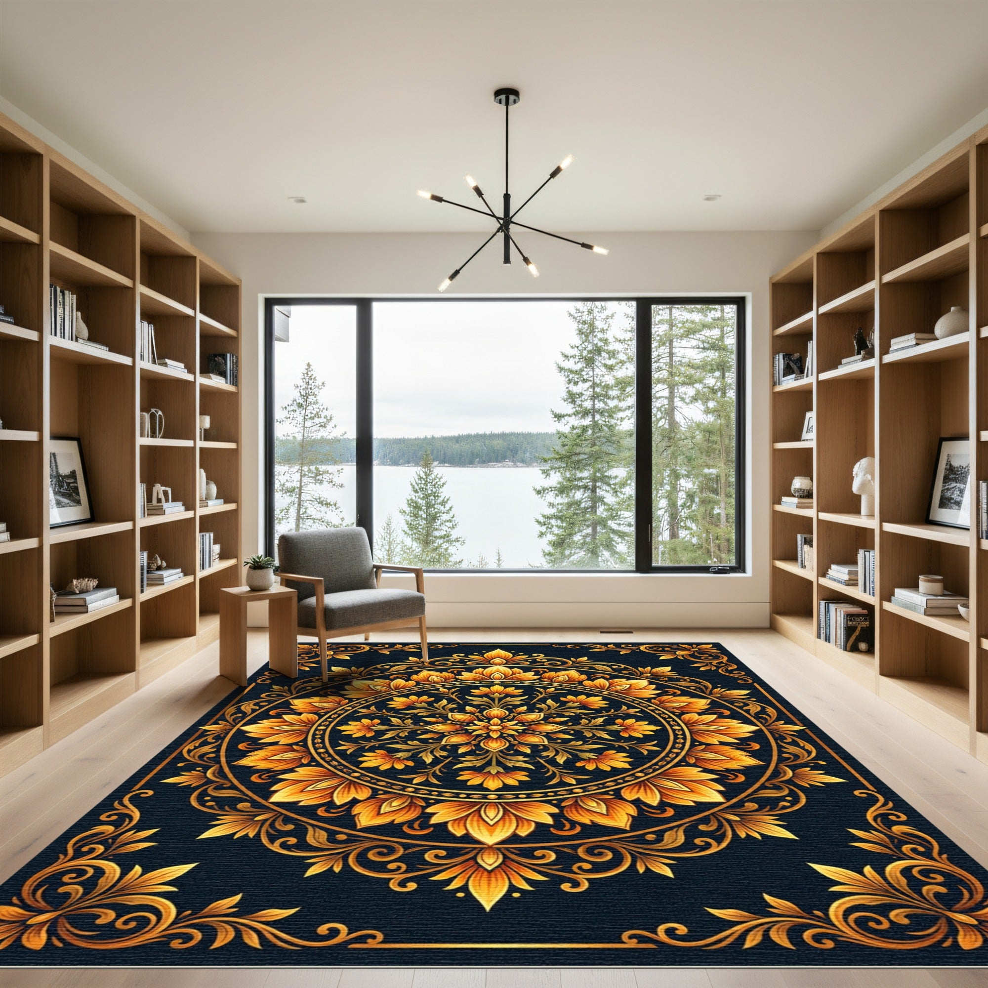 Ornate Golden Floral Circular Medallion Rug