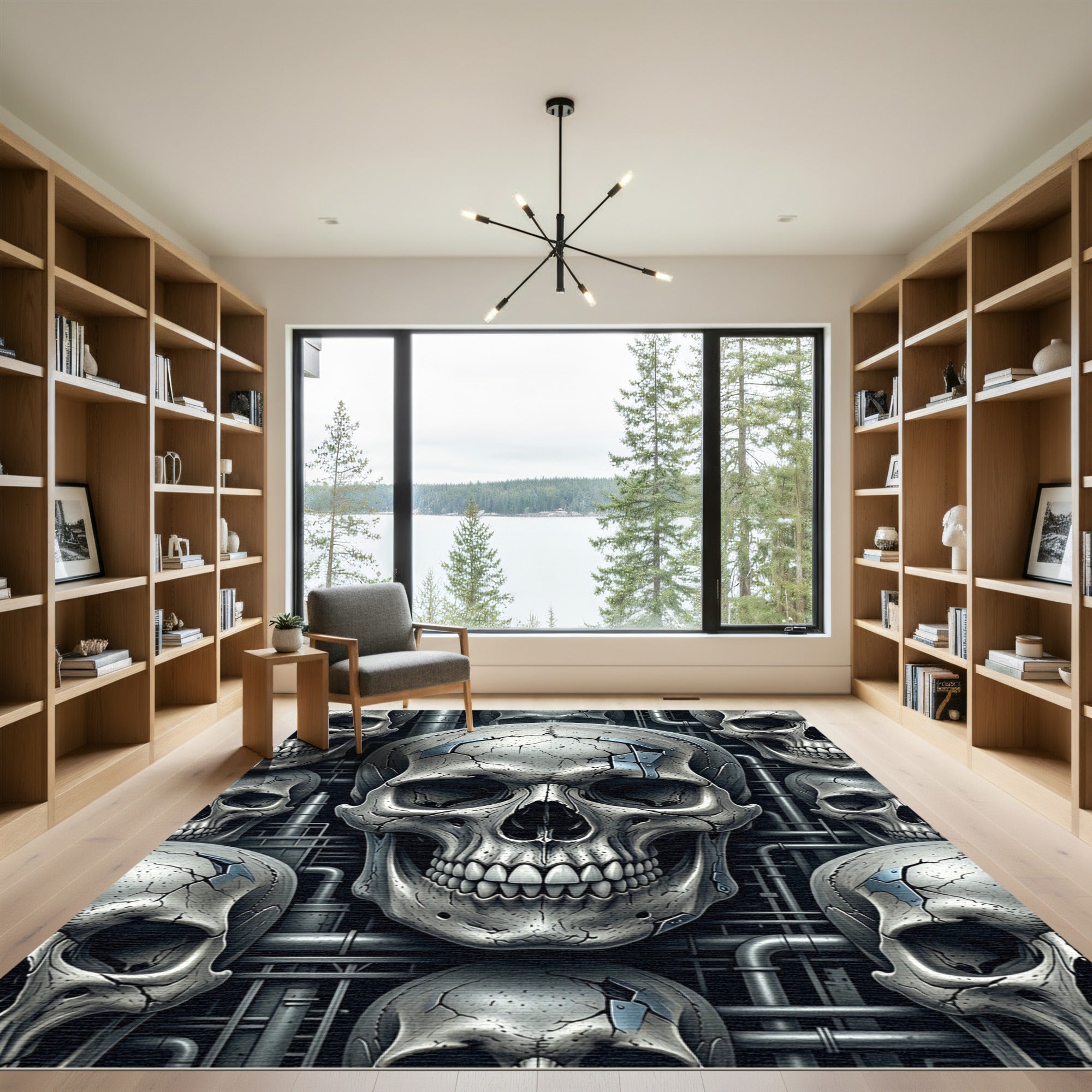 Cybernetic Metallic Skull Industrial Wall Art Rug