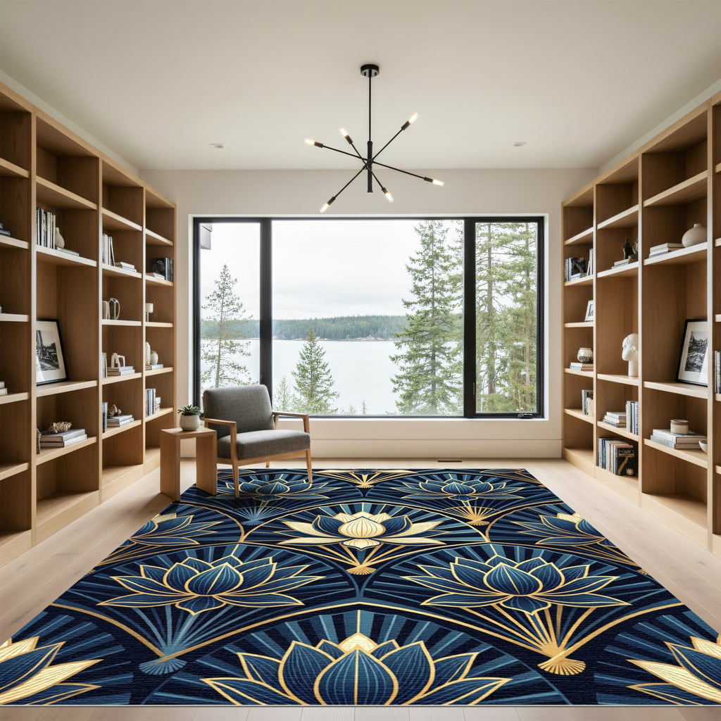Art Deco Golden Lotus Navy Tile Rug