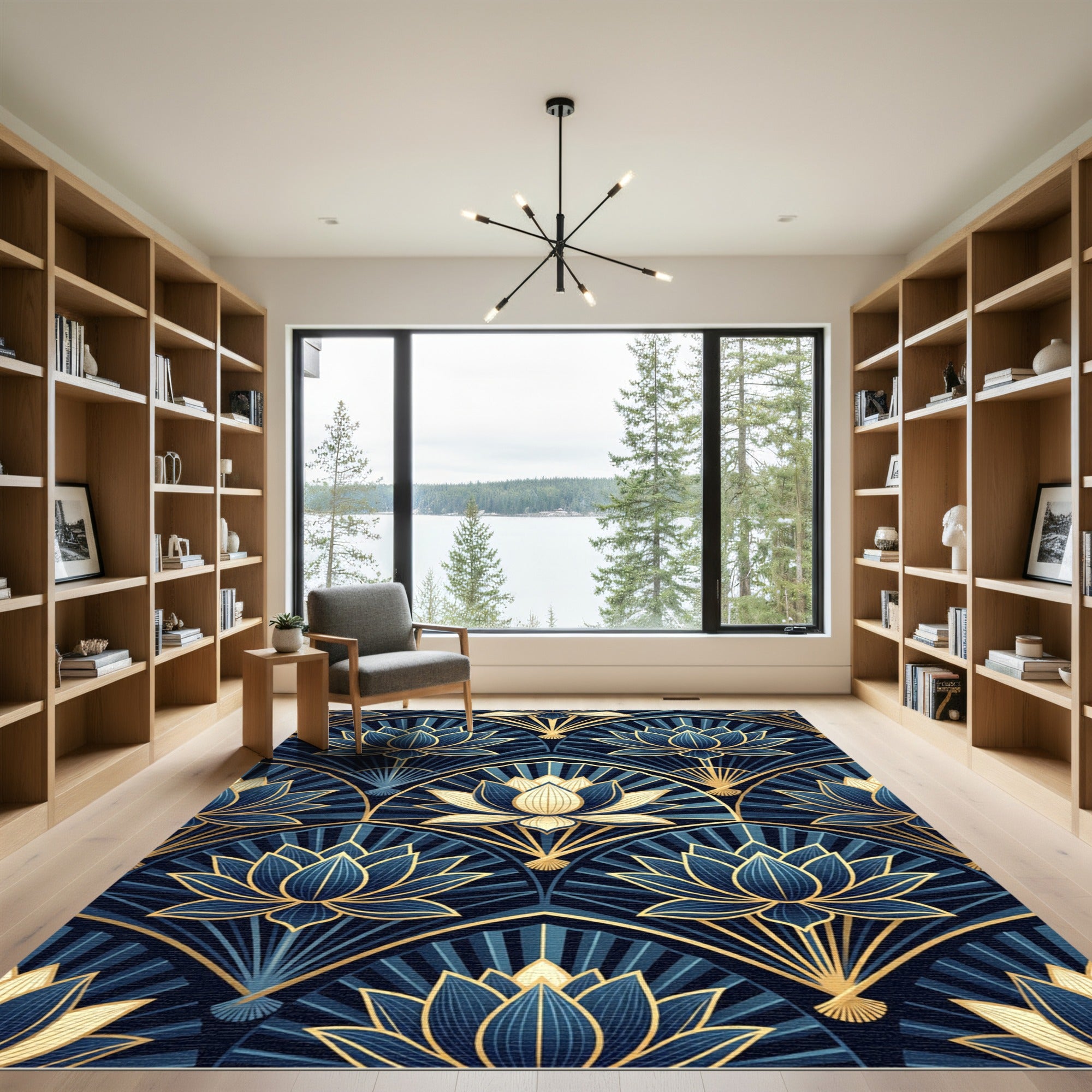 Art Deco Golden Lotus Navy Tile Rug