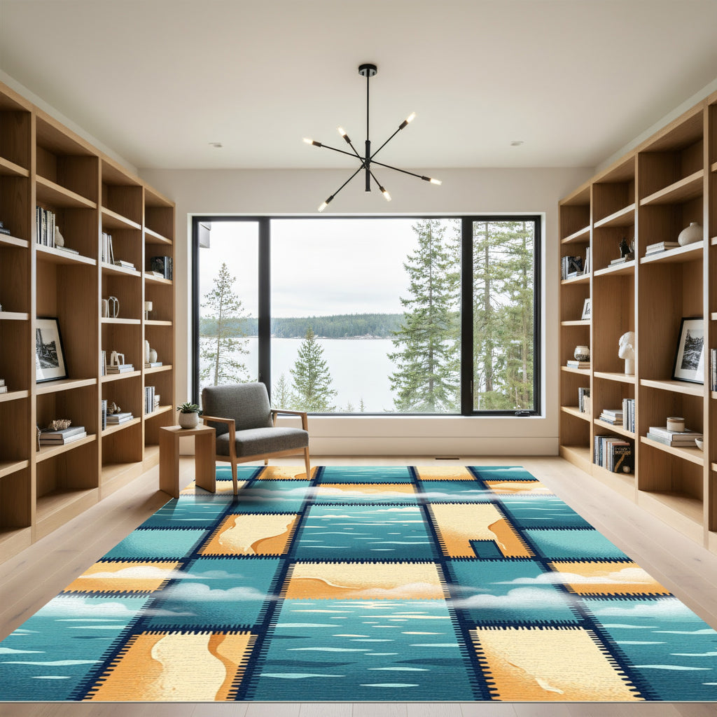Abstract Coastal Horizon Grid Teals Gold Rug