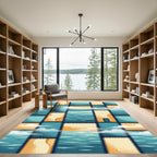 Abstract Coastal Horizon Grid Teals Gold Rug