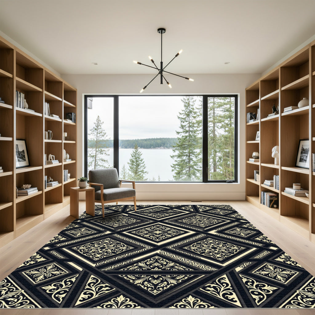 Black Cream Ornamental Geometric Medallion Rug