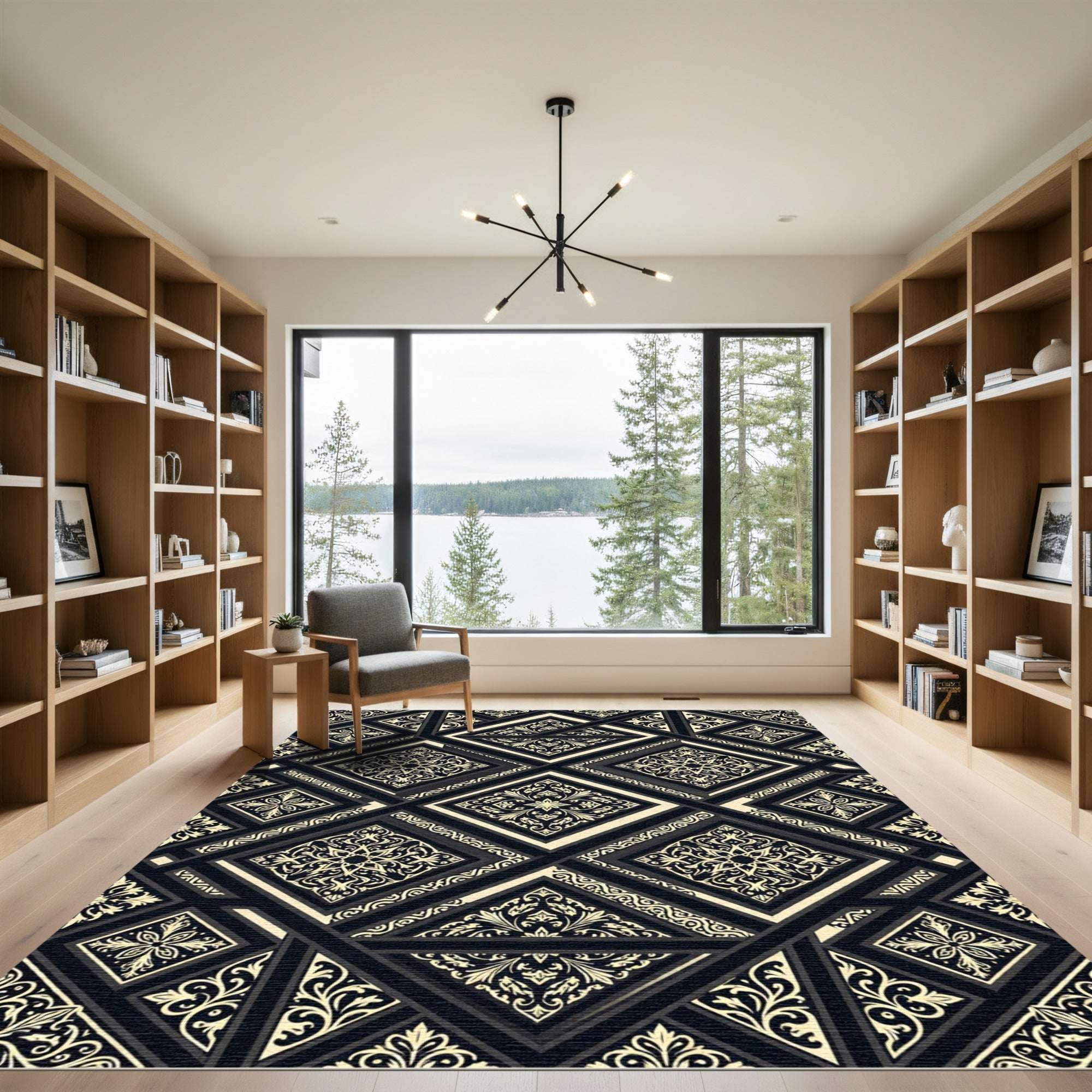 Black Cream Ornamental Geometric Medallion Rug
