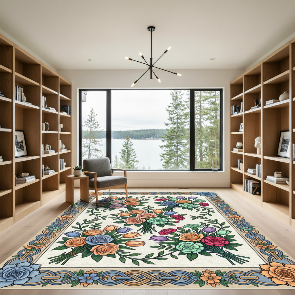 Floral Bouquet Intertwined Border Tapestry Rug