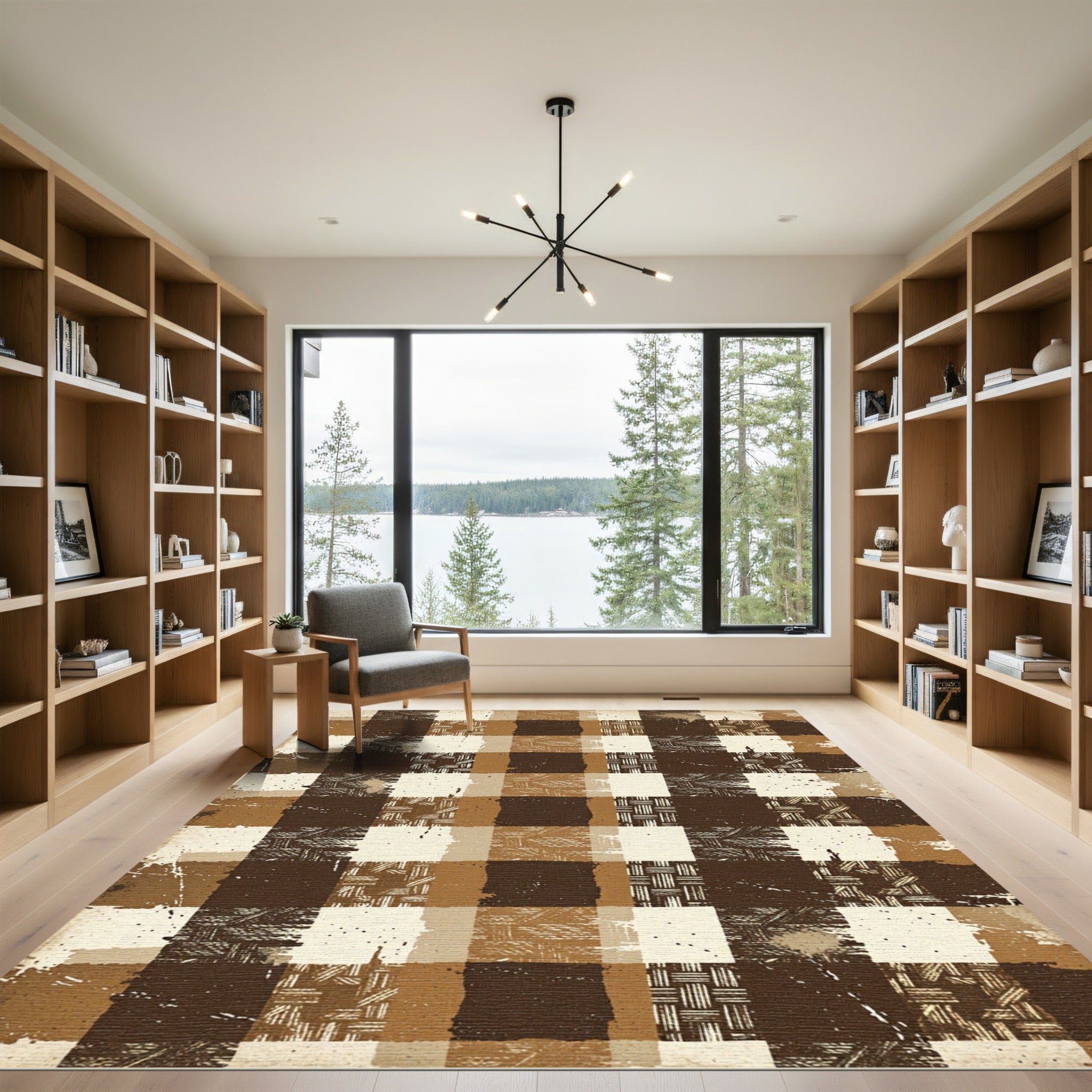Rustic Brown Distressed Gingham Check Rug