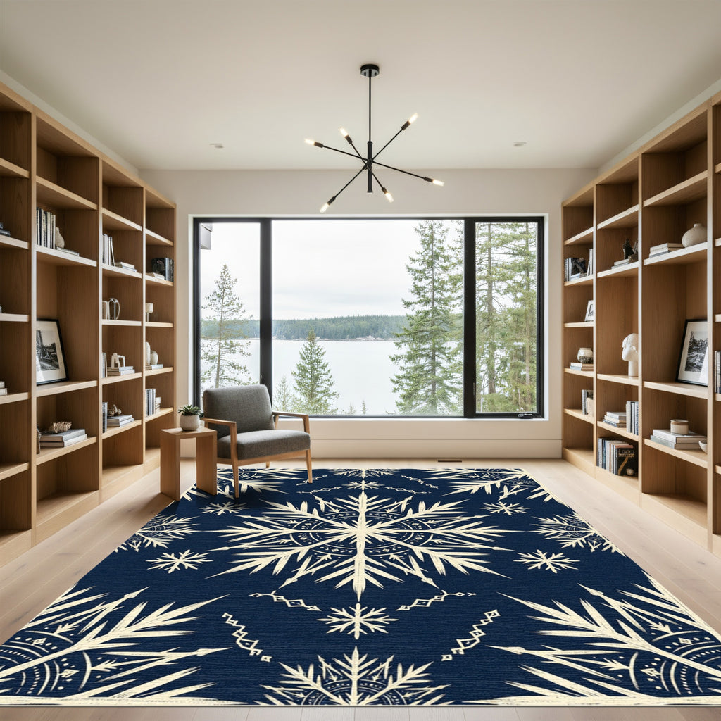 Navy and Cream Winter Snowflake Medallion Rug