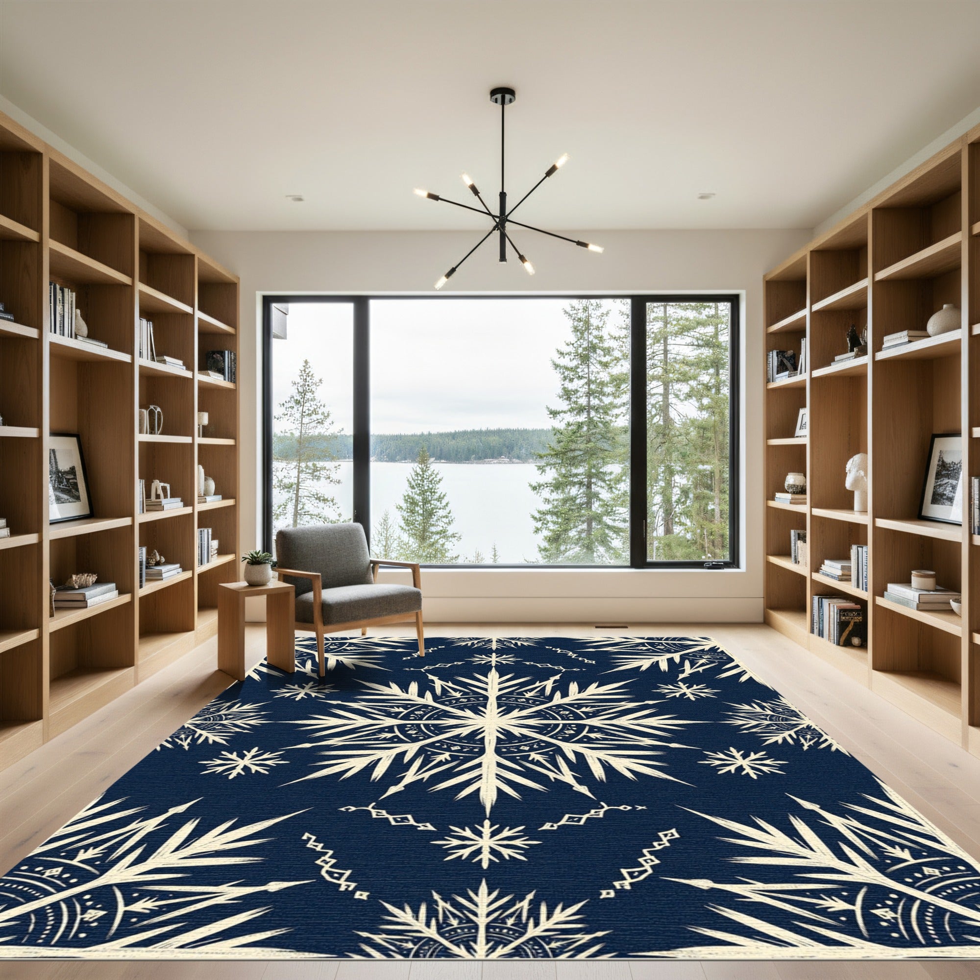 Navy and Cream Winter Snowflake Medallion Rug