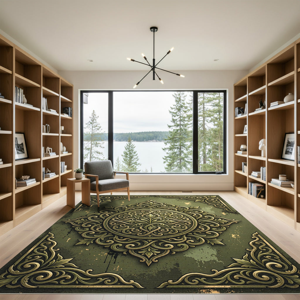Ornate Sage Green Damask Medallion Rug