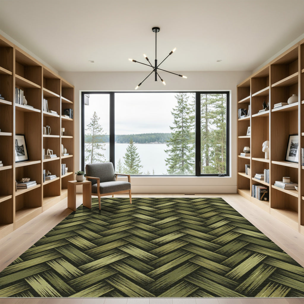 Olive Green Herringbone Woven Texture Rug
