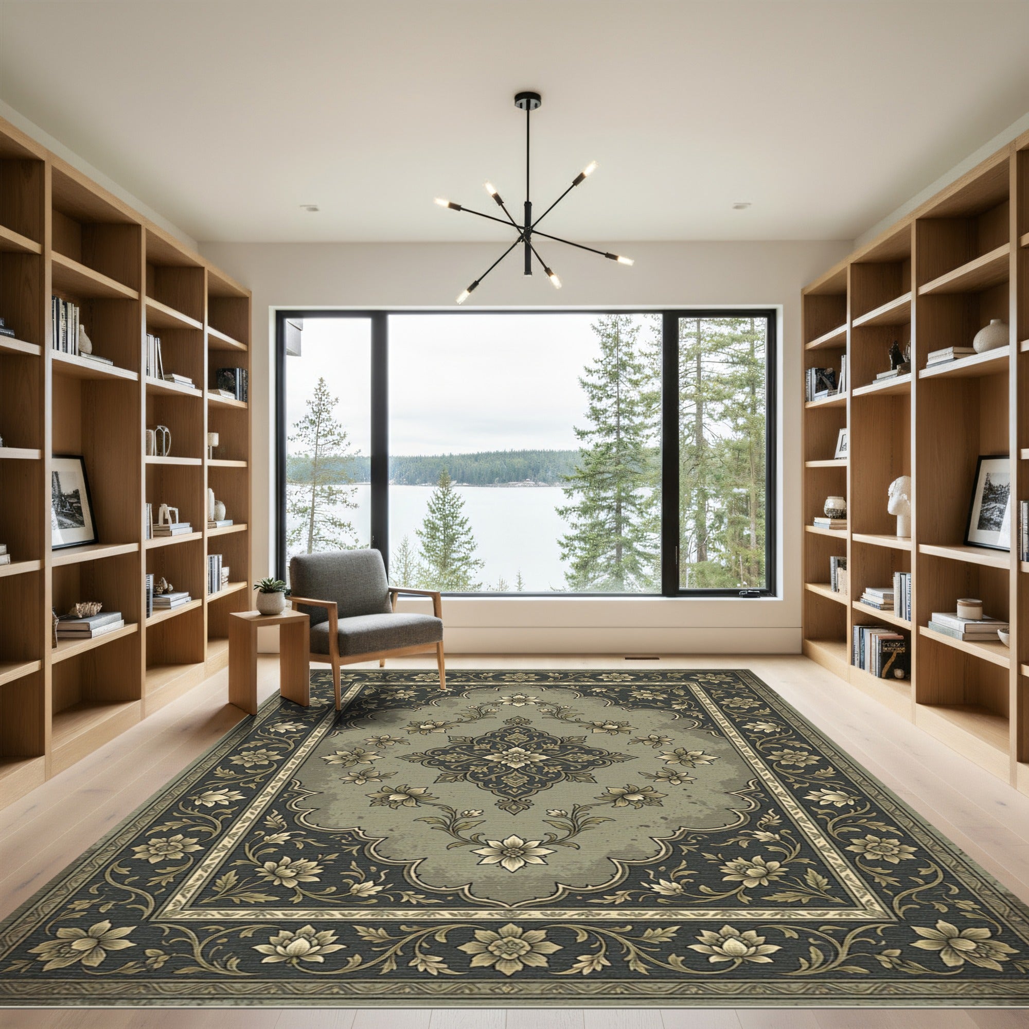 Elegant Sage Floral Medallion Scroll Rug