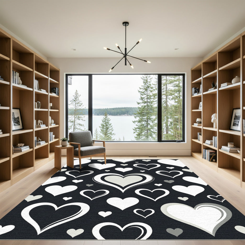 Monochrome Heart Collage Black White Art Rug