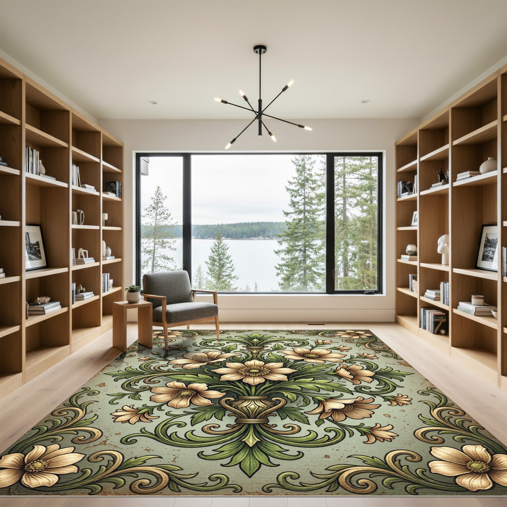 Elegant Sage Floral Scroll Damask Rug
