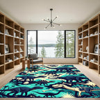 Vibrant Blue Prehistoric Dinosaur Jungle Scene Rug