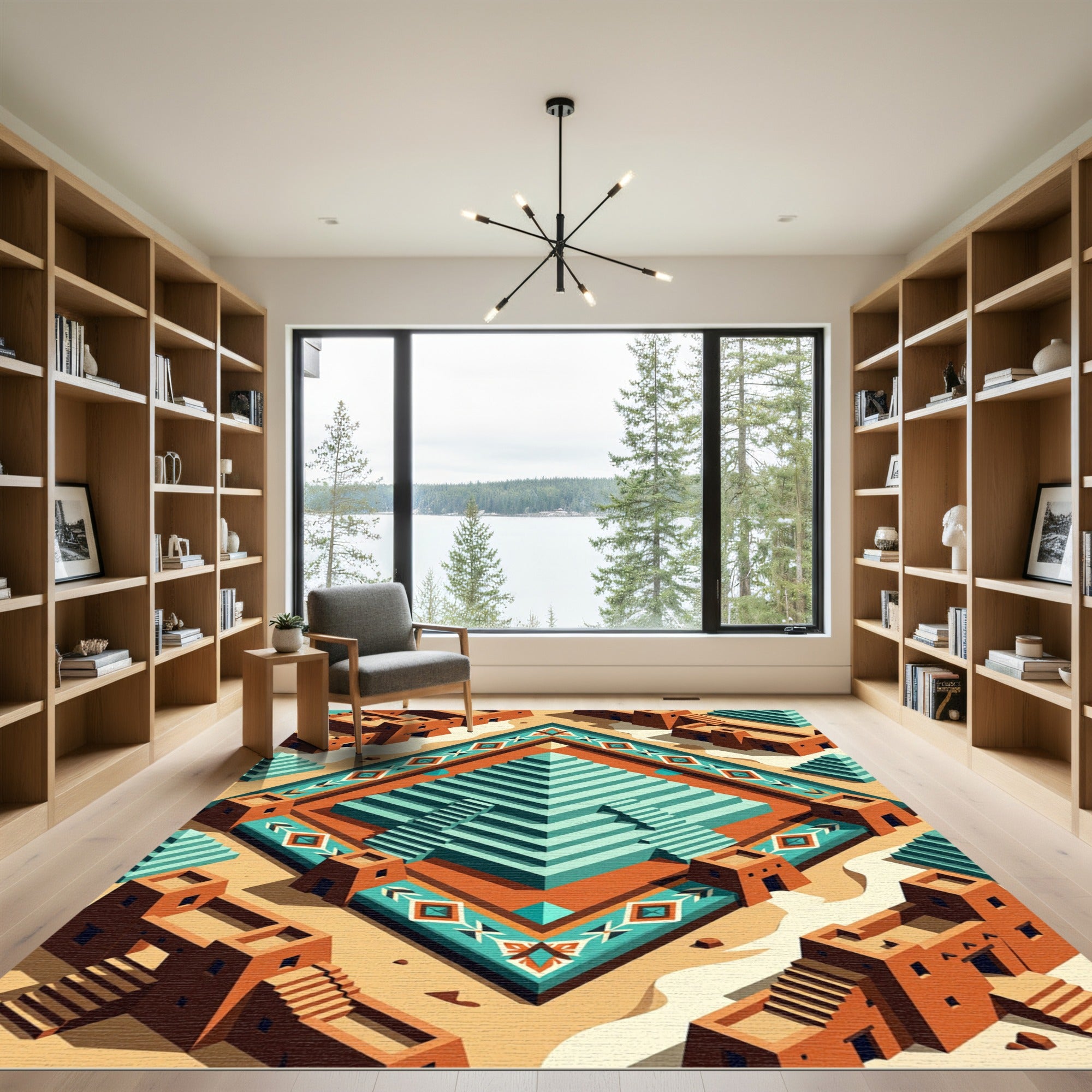 Terracotta Tribal Geometric Aztec Pyramid Rug