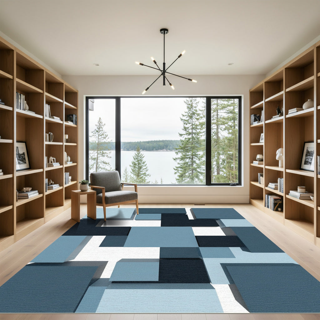 Modern Geometric Blue Abstract Block Rug