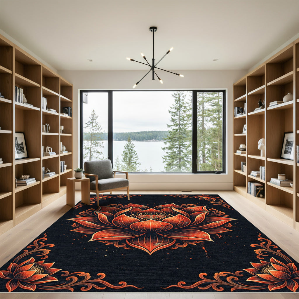 Vibrant Crimson Lotus Floral Medallion Rug