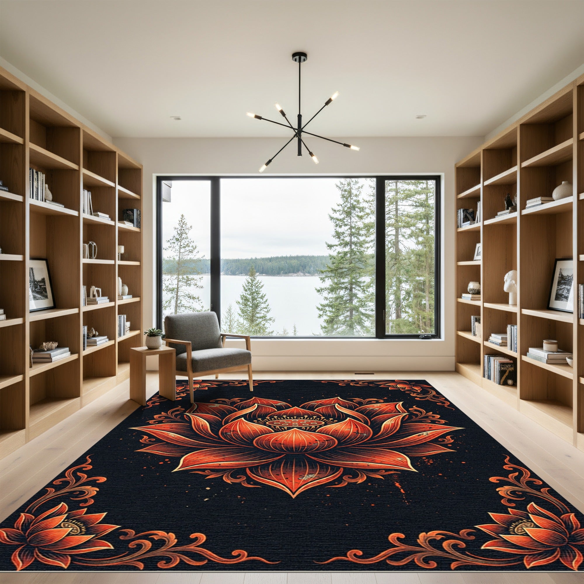 Vibrant Crimson Lotus Floral Medallion Rug