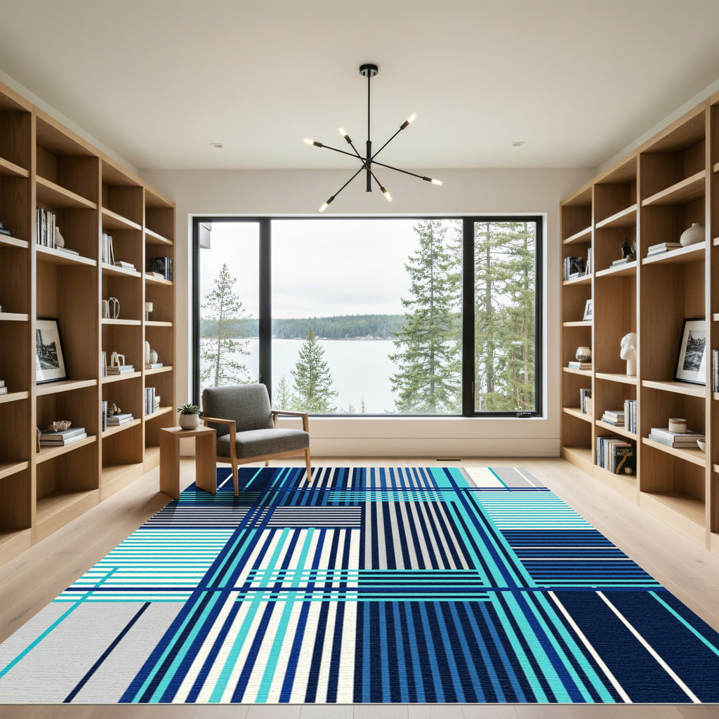 Modern Geometric Blue Striped Grid Rug