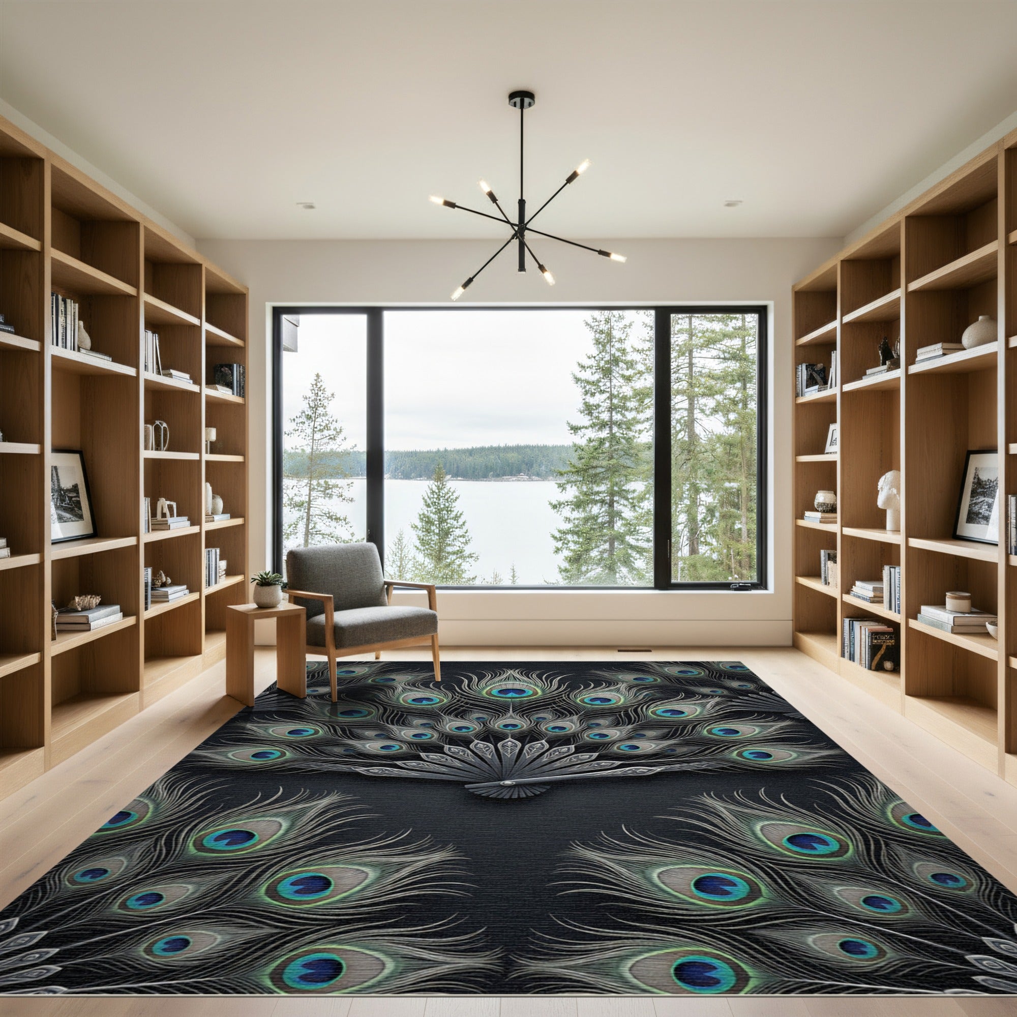 Elegant Peacock Feather Fan Rug