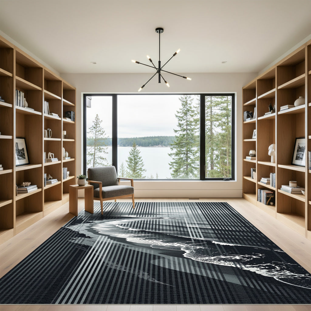 Monochrome Coastal Abstract Striped Art Rug