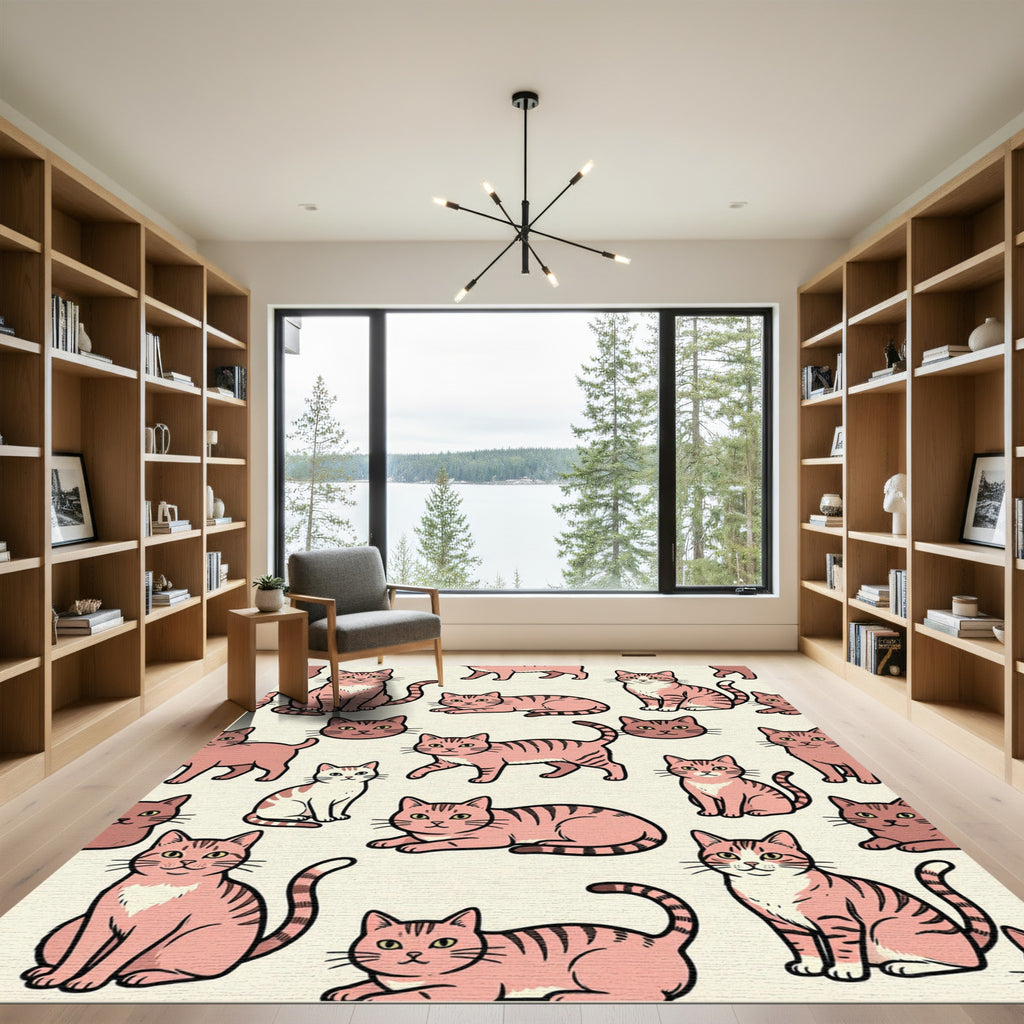 Whimsical Blush Pink Tabby Cat Illustration Rug