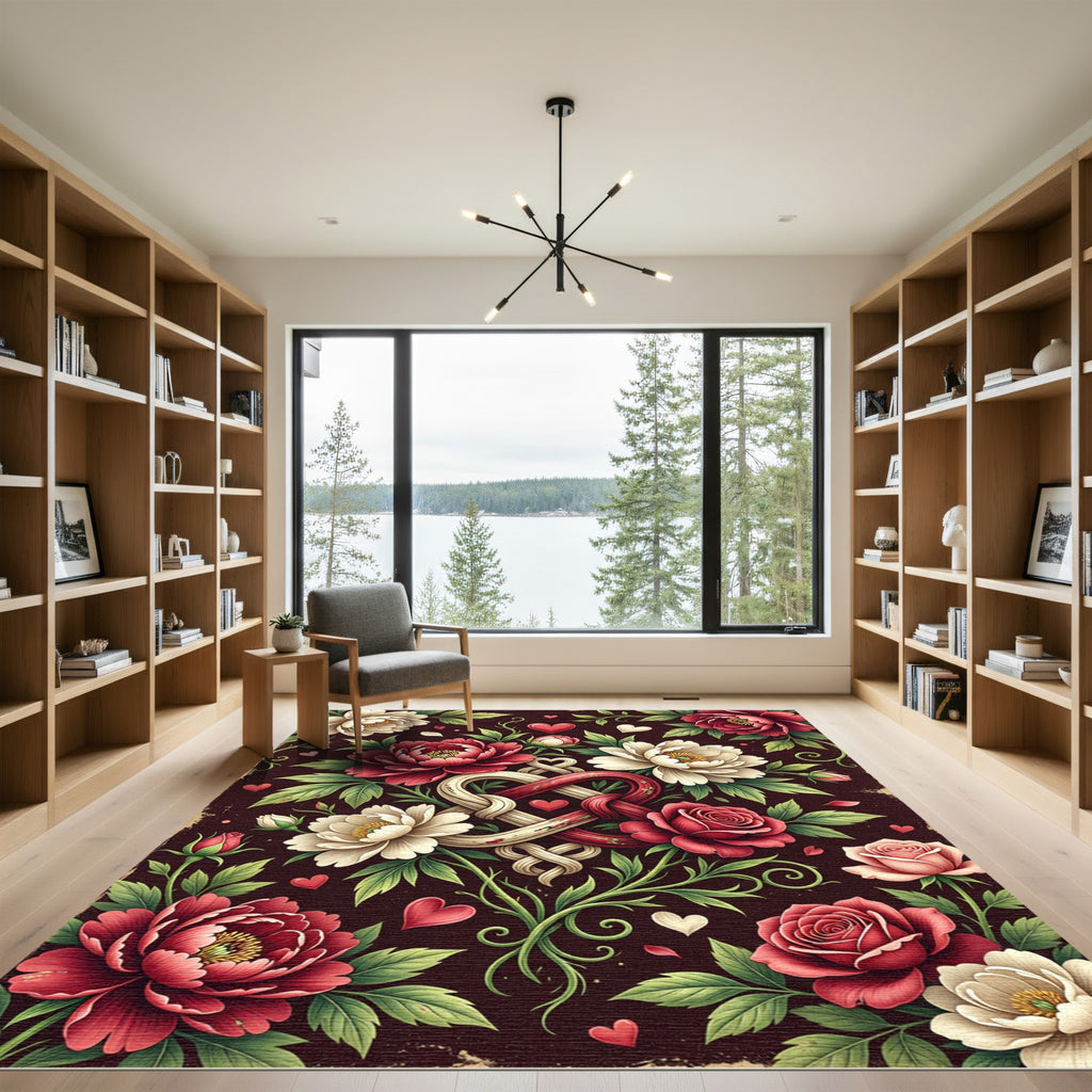 Romantic Intertwined Heart Crimson Floral Rug