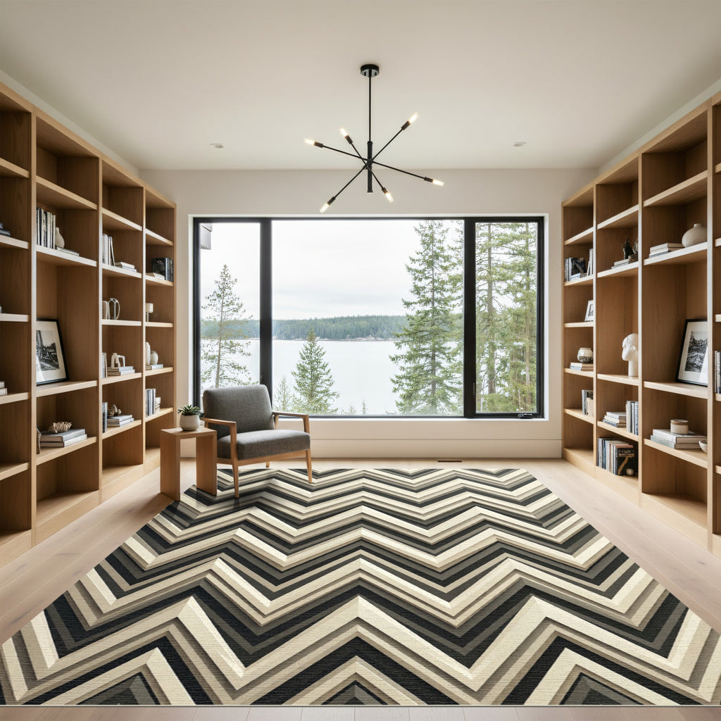 Modern Taupe Zigzag Geometric Layered Rug