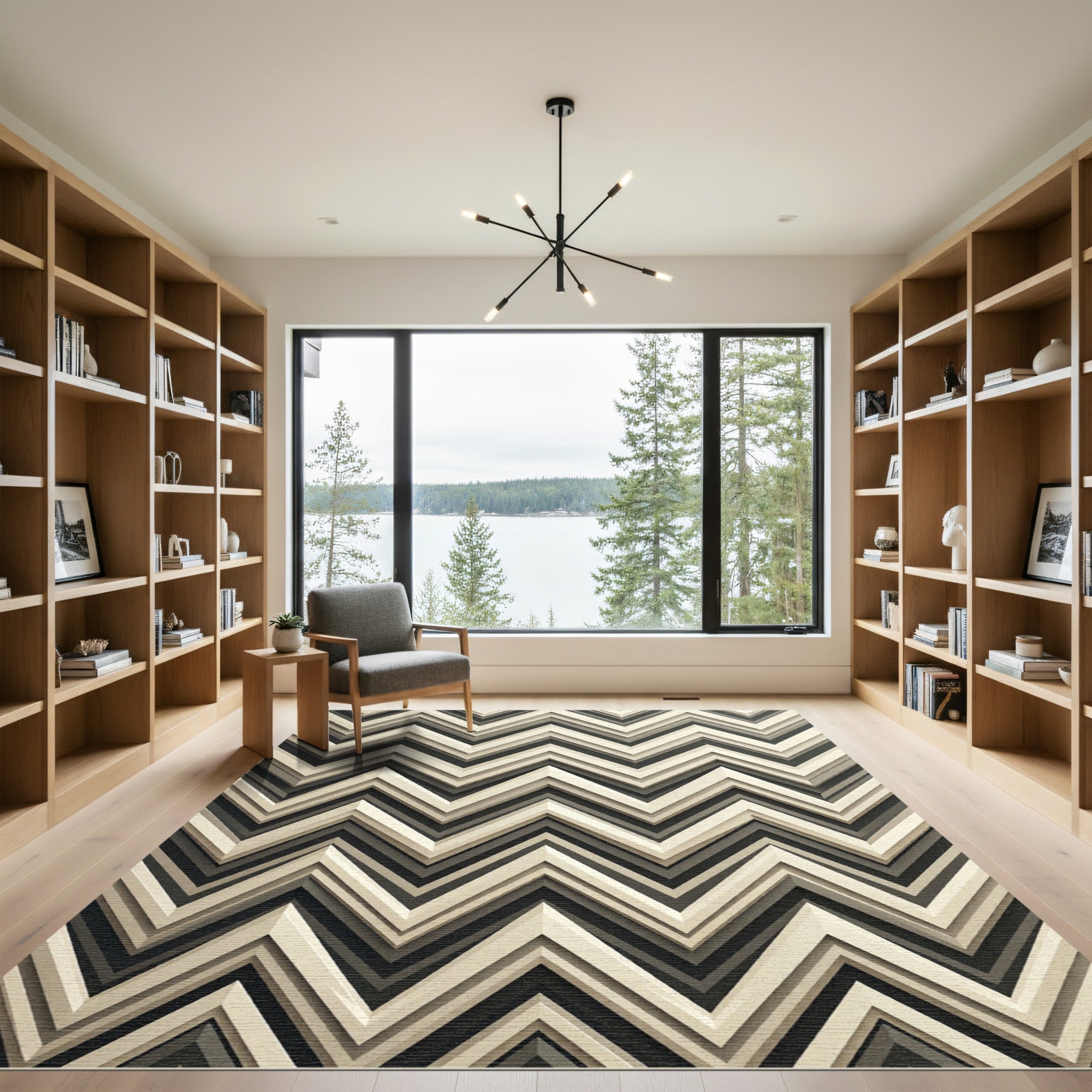 Modern Taupe Zigzag Geometric Layered Rug