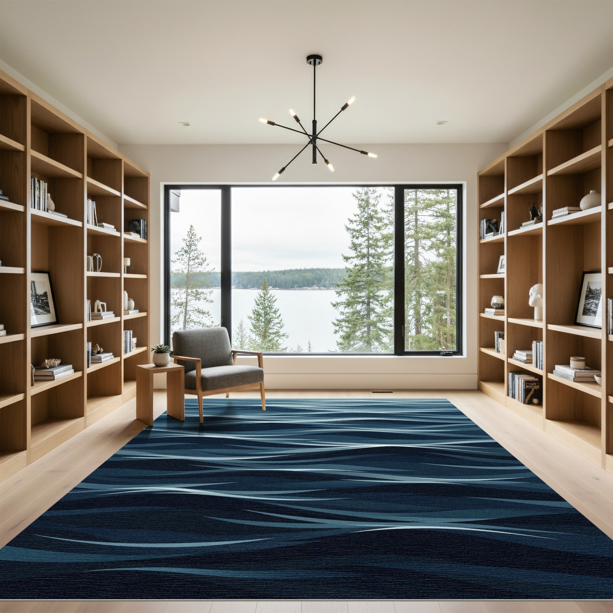 Abstract Navy Blue Rippling Water Rug