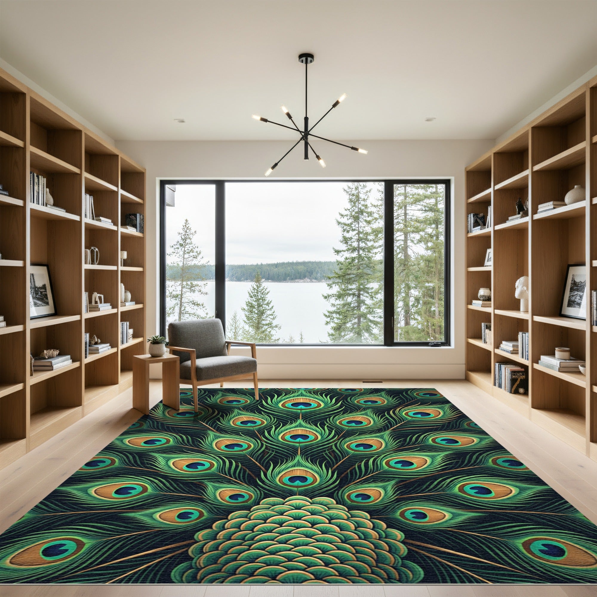 Vibrant Emerald Peacock Feather Fan Rug