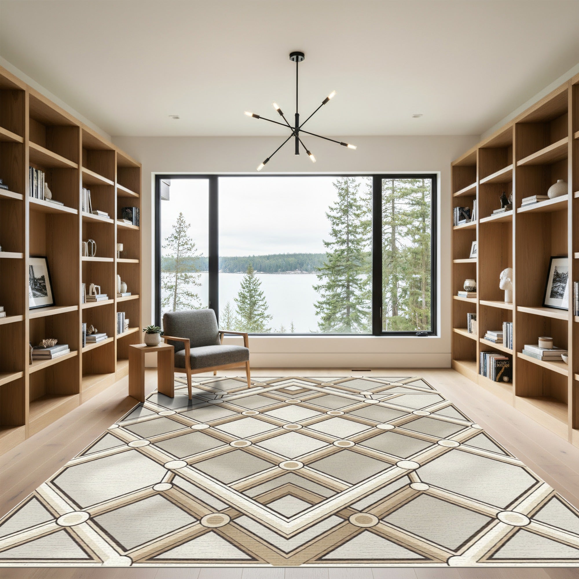 Elegant Beige Geometric Lattice Rug