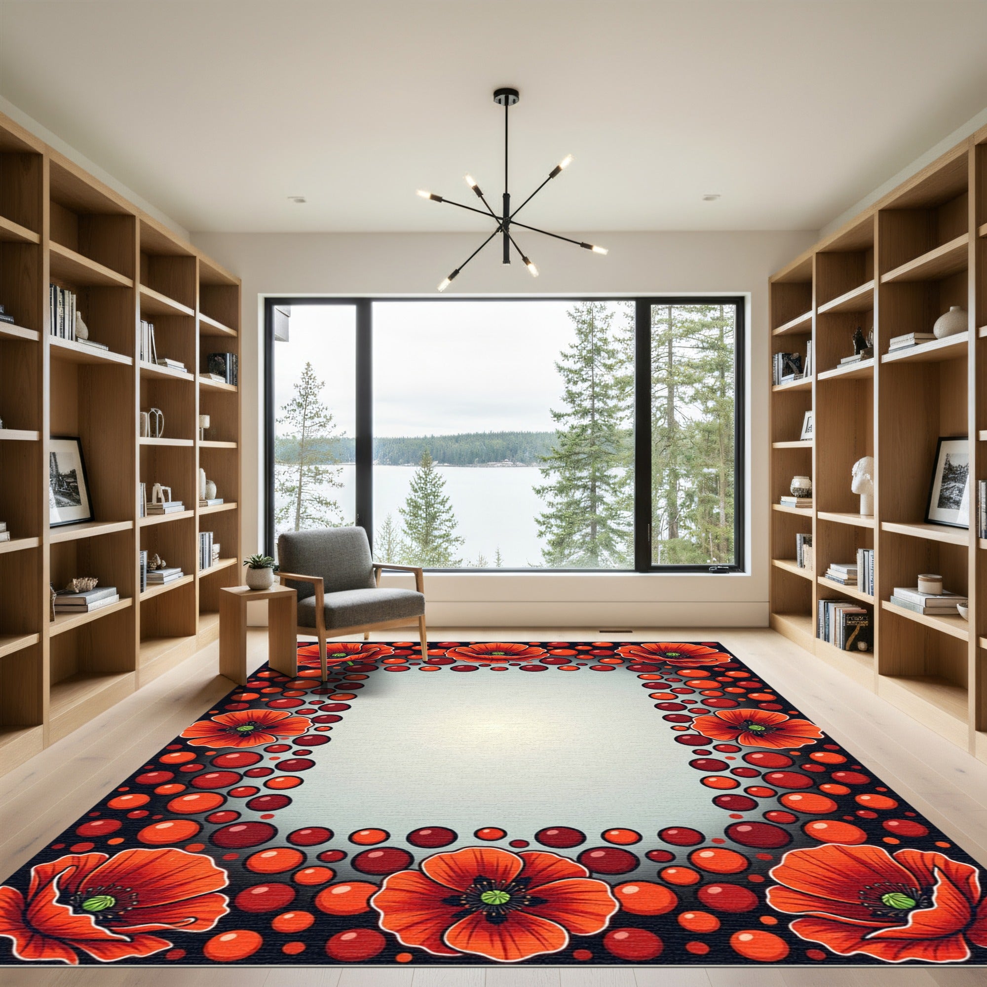 Vibrant Red Poppy Floral Border Rug