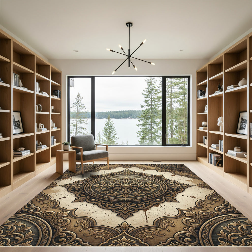 Ornate Golden Bronze Damask Medallion Rug