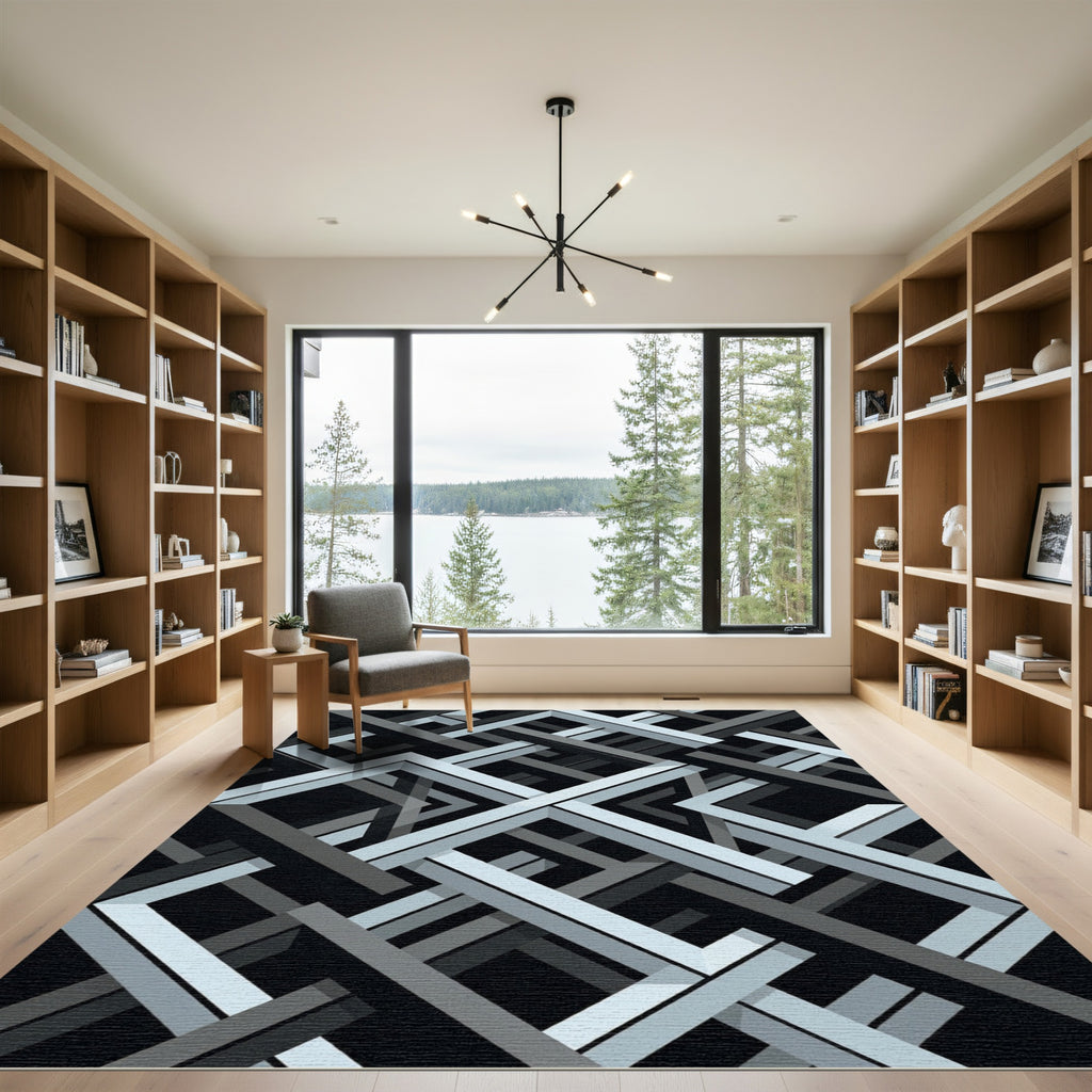 Monochromatic Geometric Interlocking Frame Grid Rug