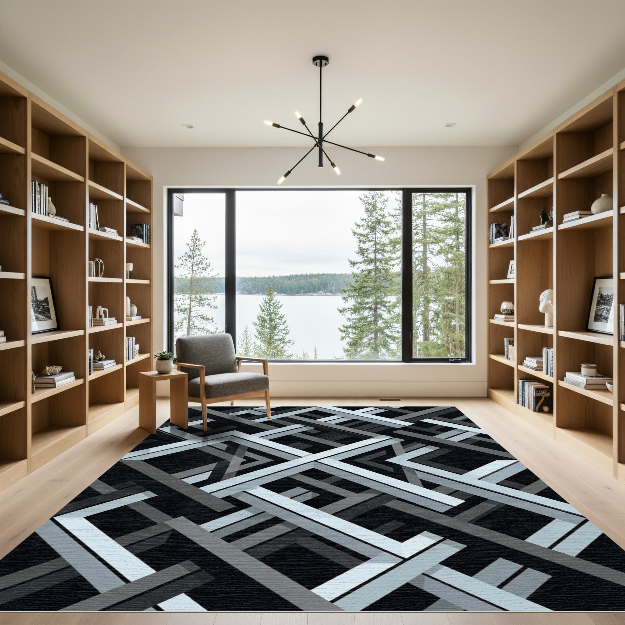 Monochromatic Geometric Interlocking Frame Grid Rug