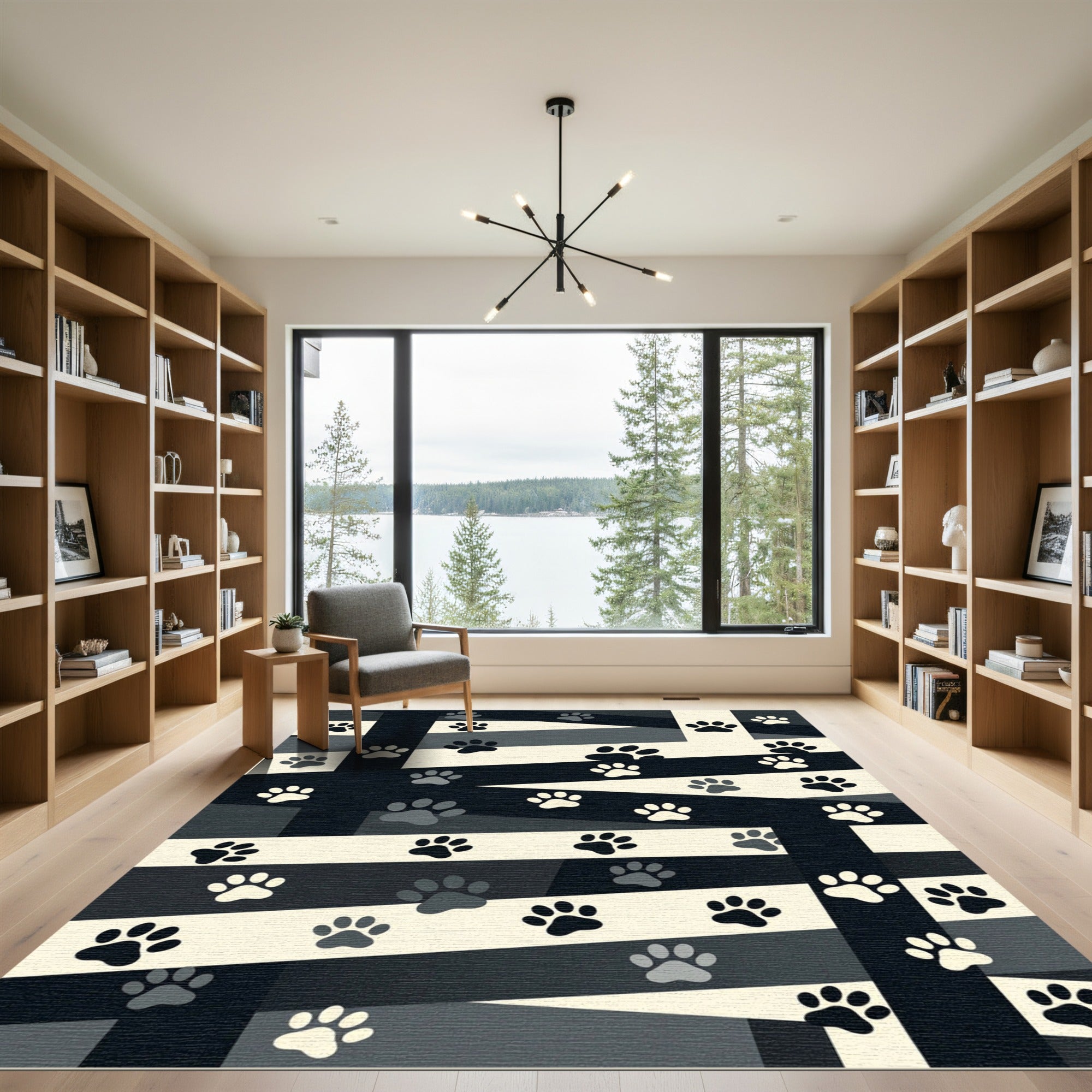 Modern Monochrome Paw Print Stripe Rug